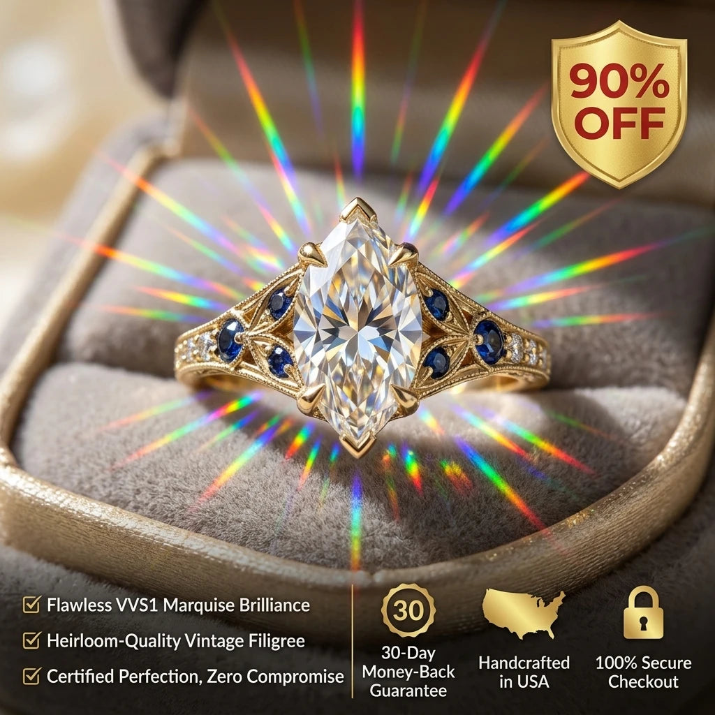 🔥90% OFF Last Day Sale |Certified 2.0ct Marquise Moissanite Ring | Handcrafted Vintage Filigree & Sapphire Accents