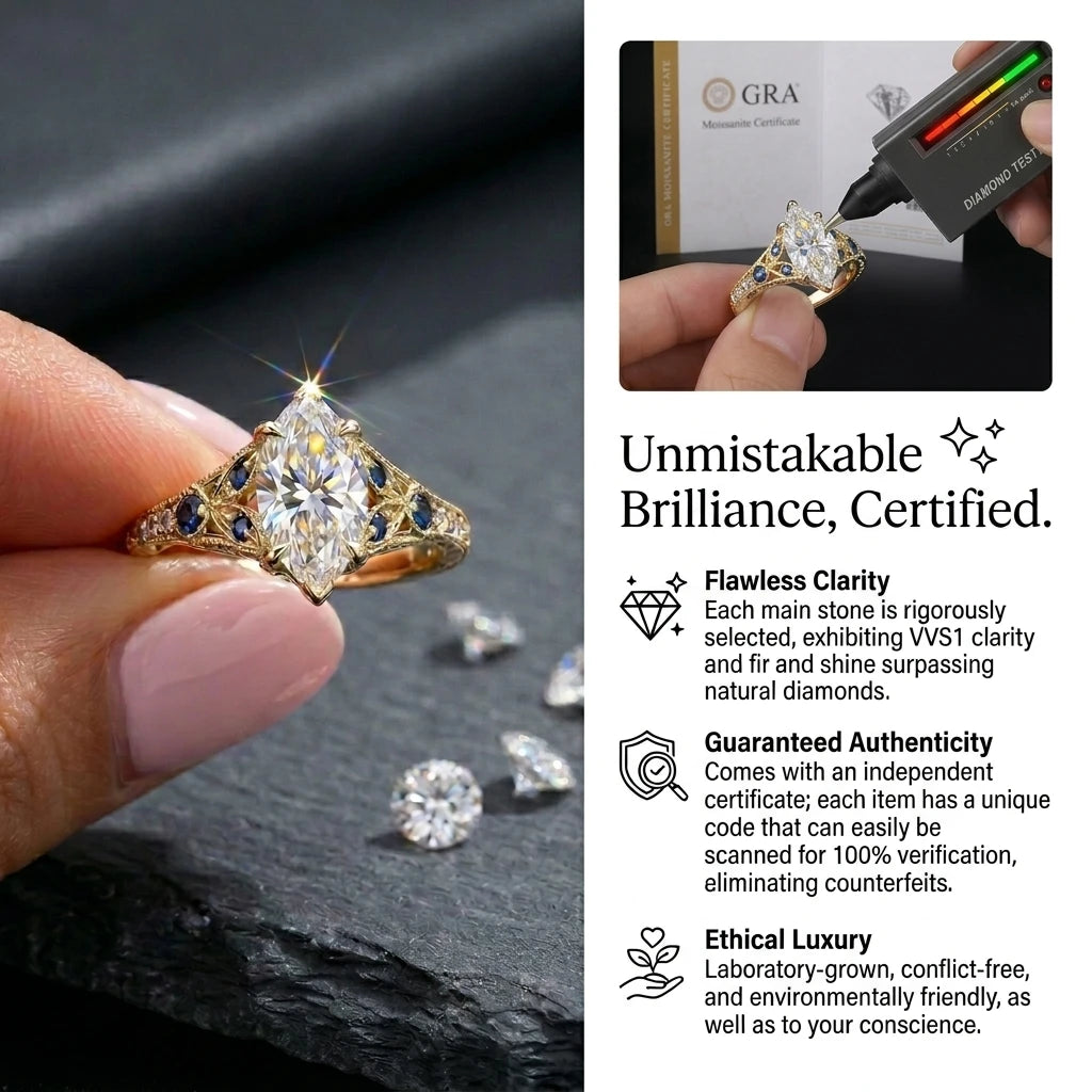 🔥90% OFF Last Day Sale |Certified 2.0ct Marquise Moissanite Ring | Handcrafted Vintage Filigree & Sapphire Accents