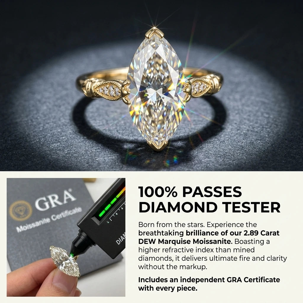 🔥90% OFF Last Day Sale |Vintage Milgrain Marquise Moissanite Ring | 2.89ct DEW Antique Heirloom | Passes Diamond Tester