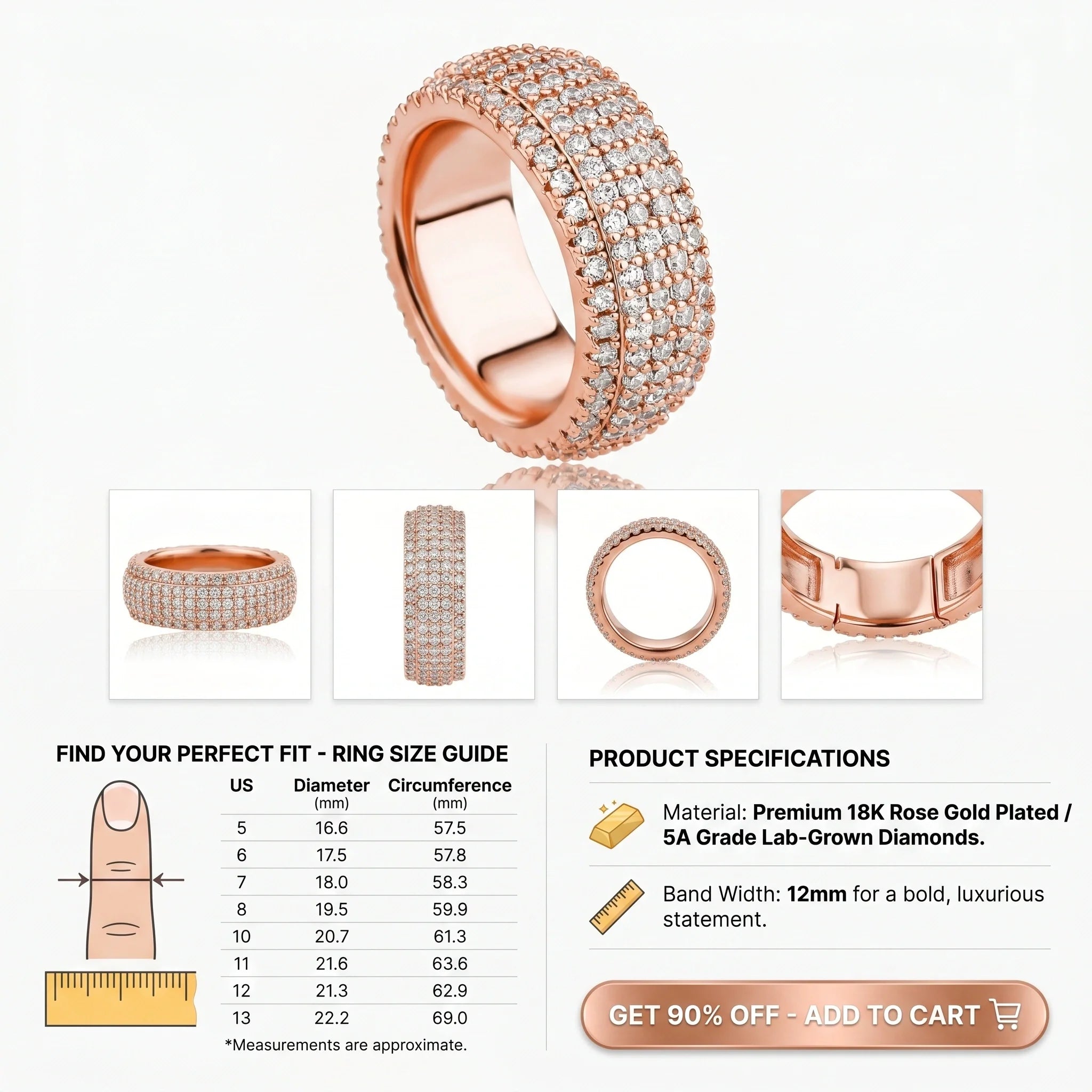 🚨 90% OFF TODAY: The "Aurelia" Handcrafted Statement Ring: 18K Rose Gold Finger-Slimming Wide Band | 360° Micro-Pavé Brilliance