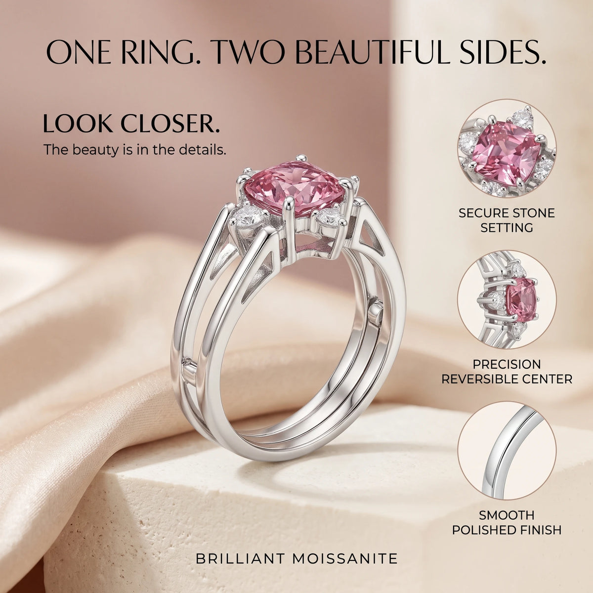 🔥 LAST DAY — 90% OFF 🔥 Reversible Pink Gemstone & Diamond Magic Cube Statement Ring | 18K White Gold Plated Luxury Jewelry for Women