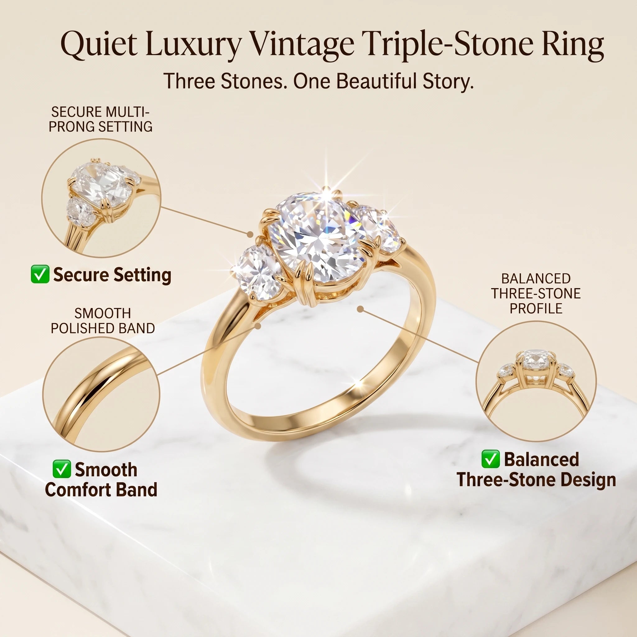 🔥 LAST DAY — 90% OFF 🔥 Quiet Luxury Vintage Three-Stone Moissanite Ring Set with Luxury Heart Gift Box