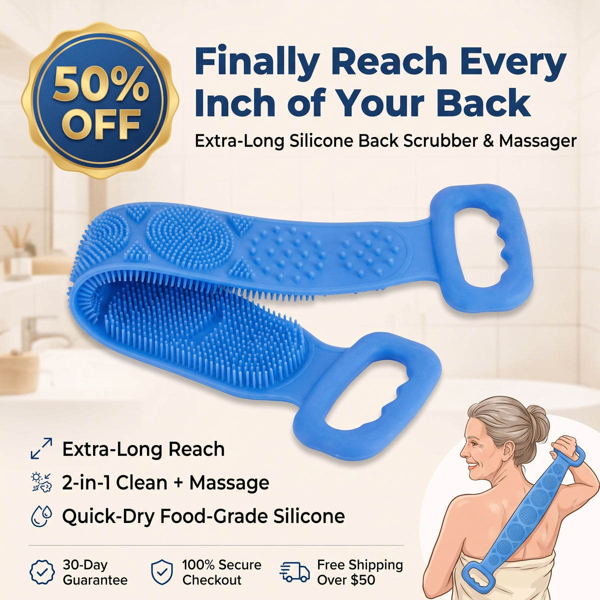 2-in-1 Extra-Long Silicone Back Scrubber & Massager – Easy Reach, Gentle Exfoliation & Quick-Dry Clean– Last Day 50% OFF 🔥