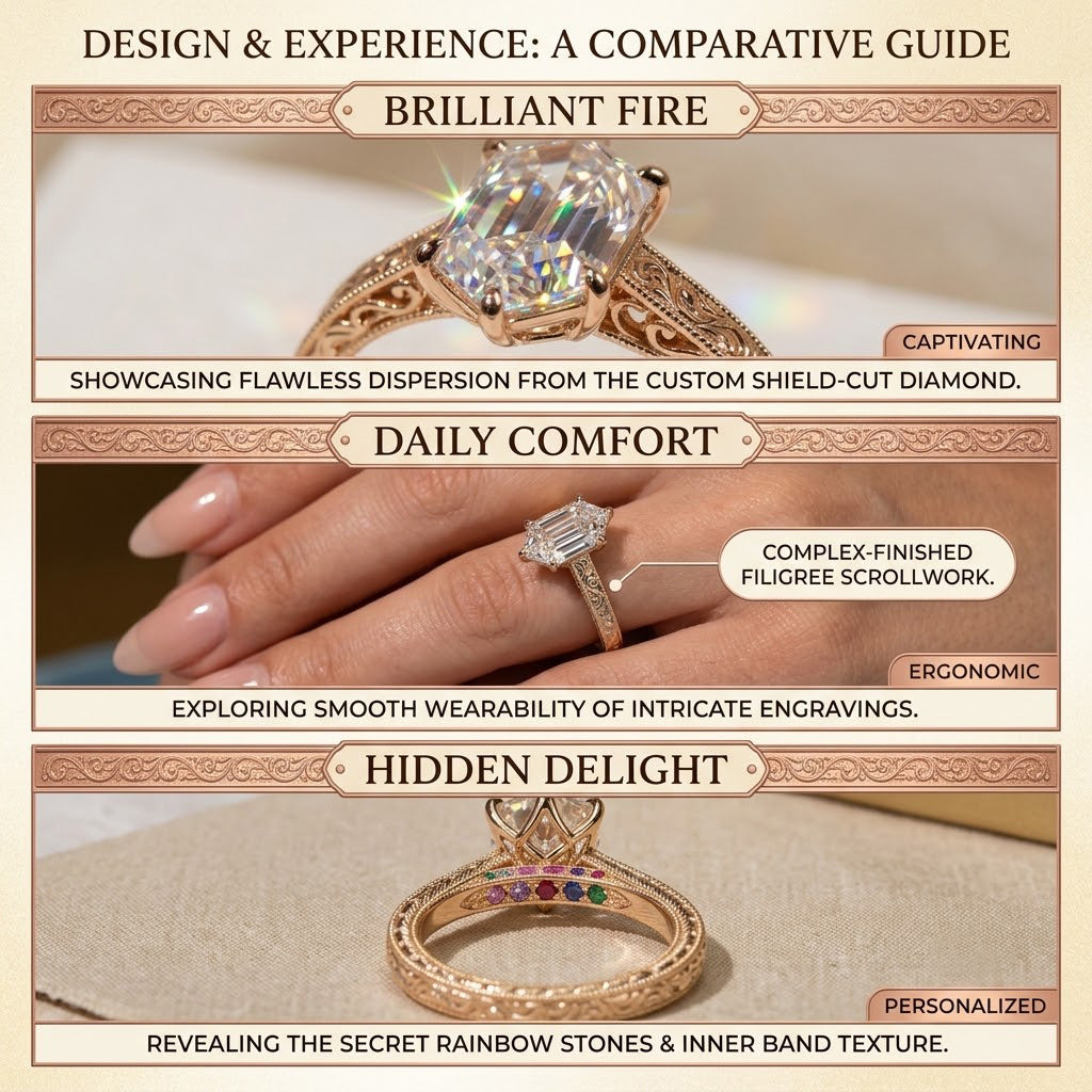 3.0ct Vintage Engraved Moissanite Ring with Hidden Rainbow Arch