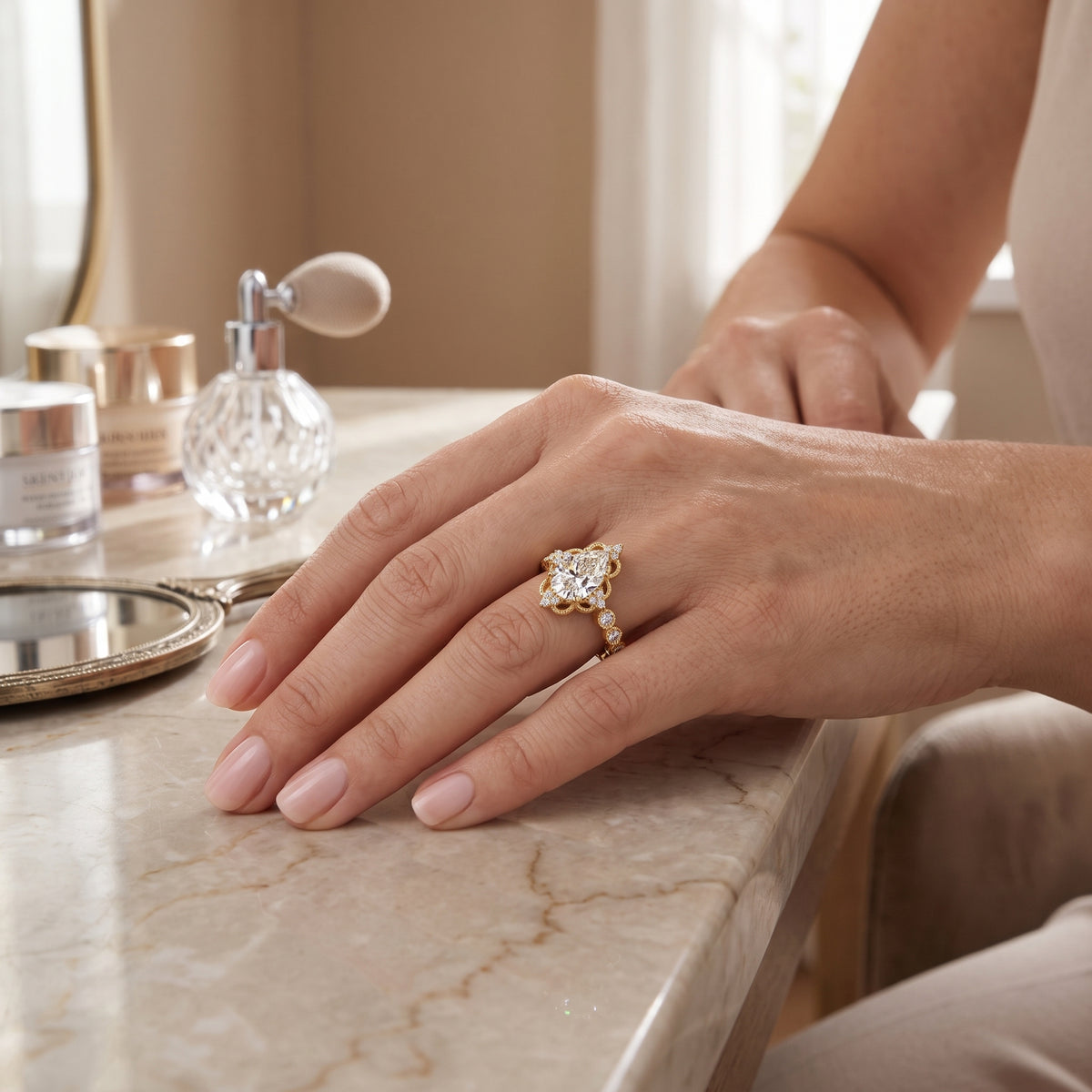 The Royal Vintage Pear Ring – 3ct D-Color Sparkle in 18K Gold Filigree