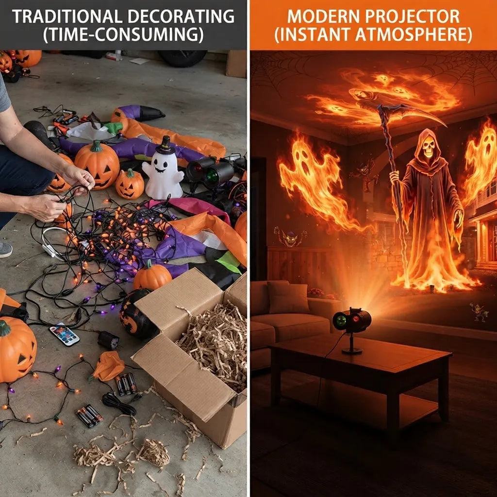 Dual-Lens Holographic Halloween Projector – 30-Second Plug & Play Ghost & Skull Light for Indoor & Outdoor Decor