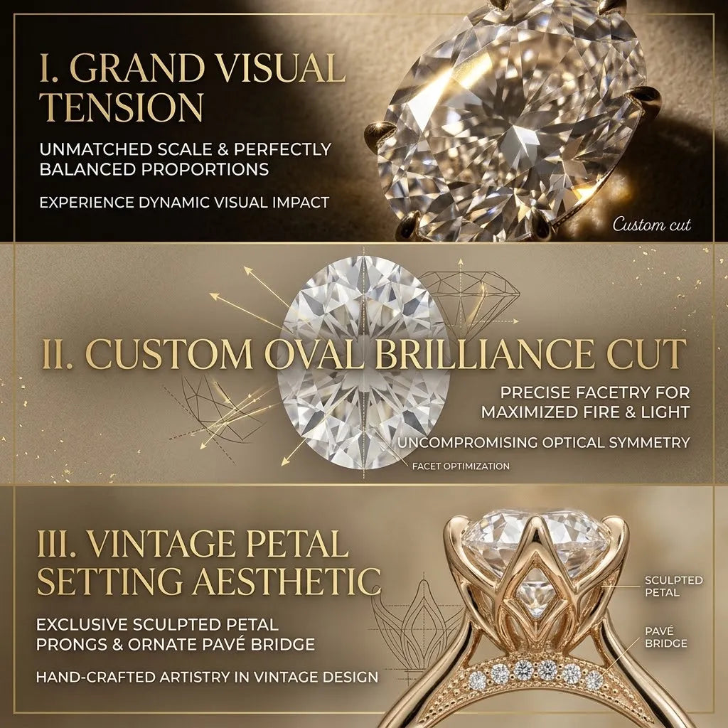 Vintage Floral Oval Ring | 18K Gold Latticework & 6-Prong Sparkle