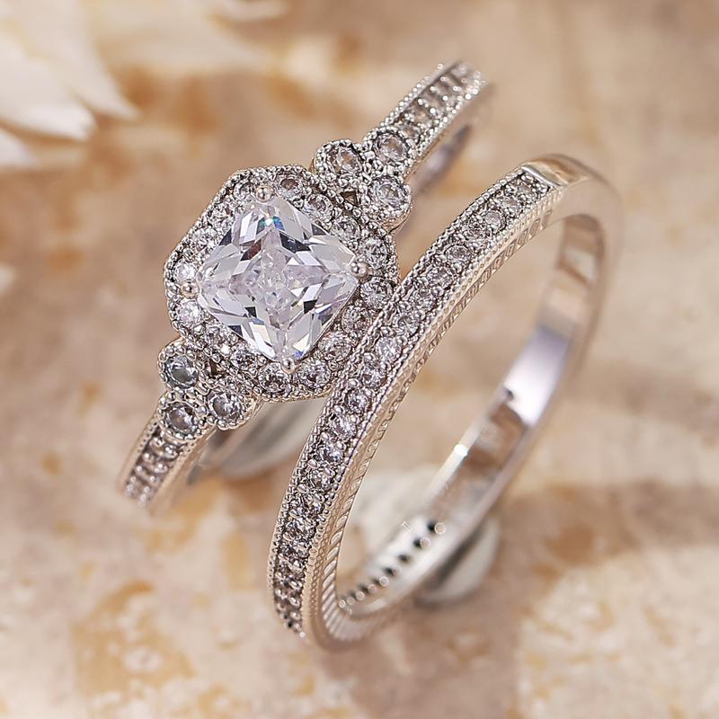 Halo Wedding Ring Sets for Women, Elegant 2-Piece Fashion Engagement Ring & Eternity Band, Bridal Statement Jewelry, Fashion Engagement Rings