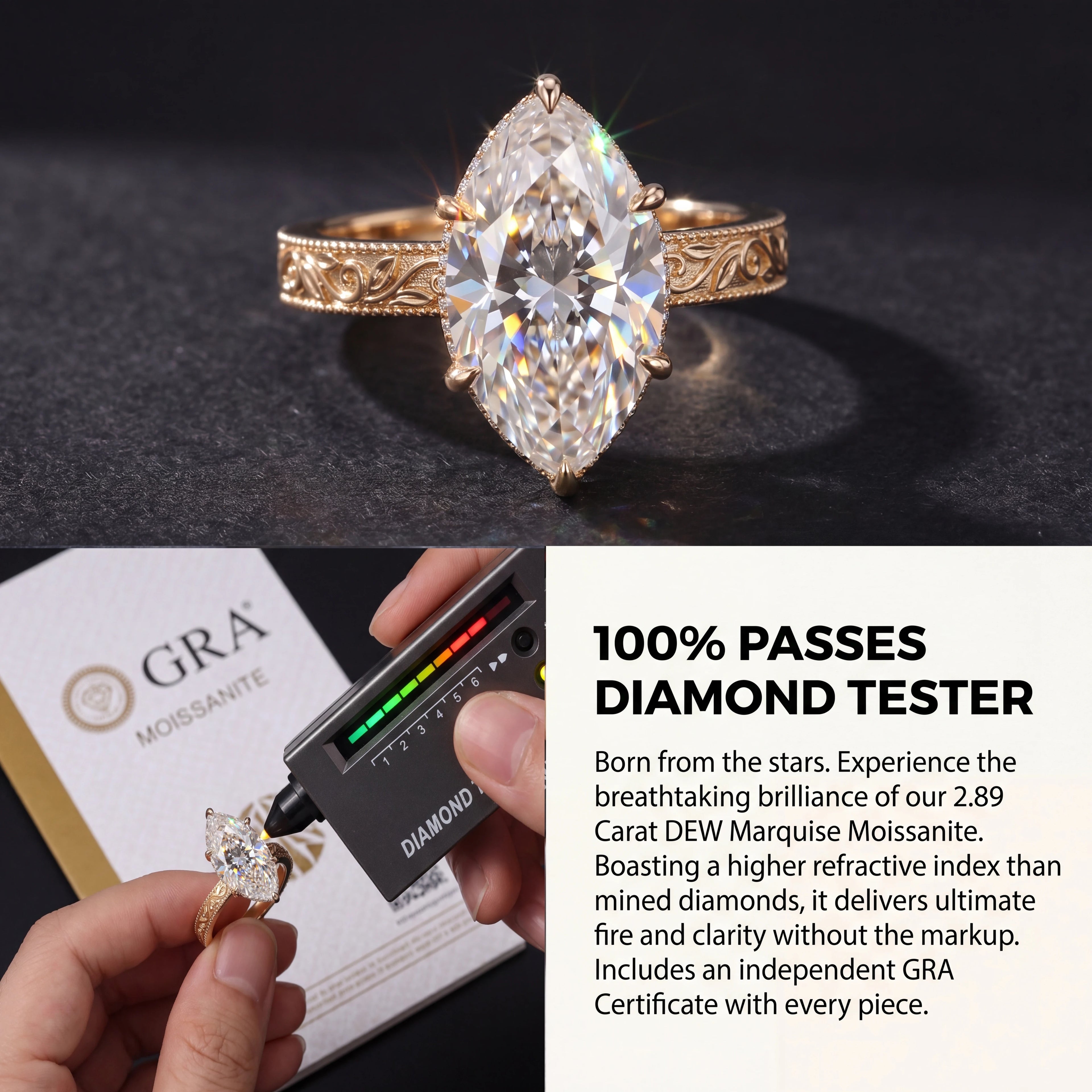 🔥90% OFF Last Day Sale |Heirloom Marquise Moissanite Ring | Hand-Engraved Vintage Band | Passes Diamond Test