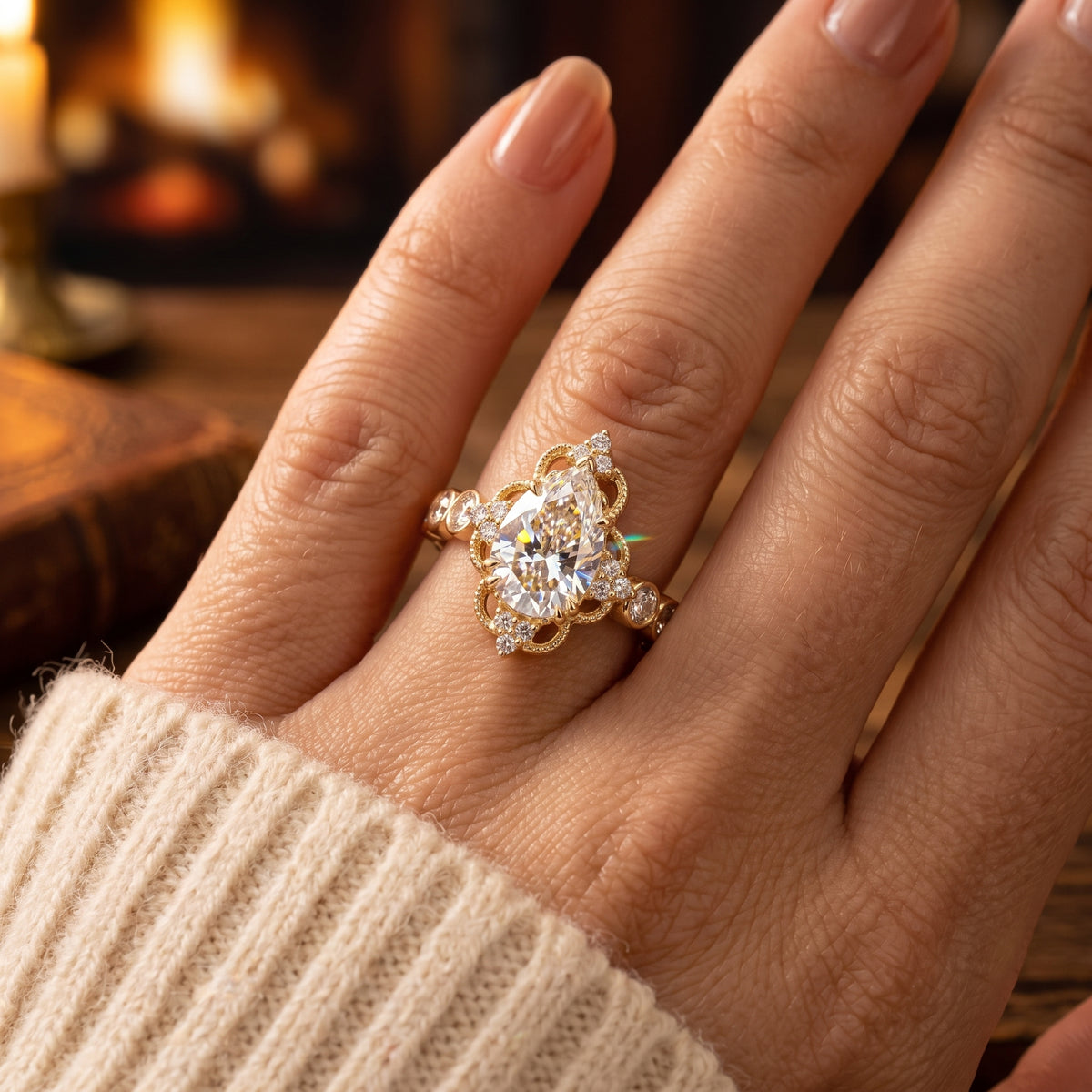 The Royal Vintage Pear Ring – 3ct D-Color Sparkle in 18K Gold Filigree