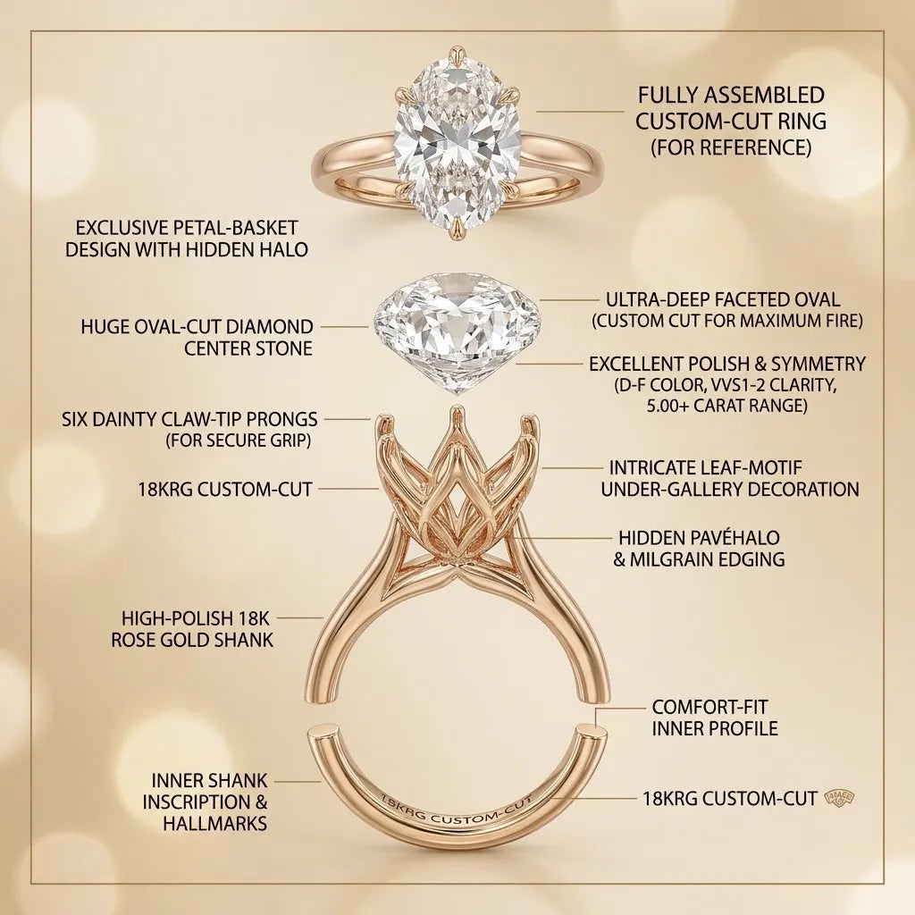 Vintage Floral Oval Ring | 18K Gold Latticework & 6-Prong Sparkle