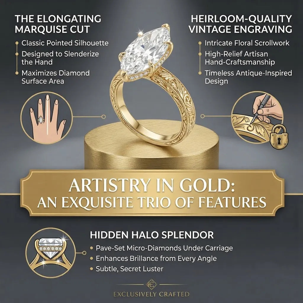 The Empress Marquise-Vintage Hand-Engraved Ring with Hidden Halo