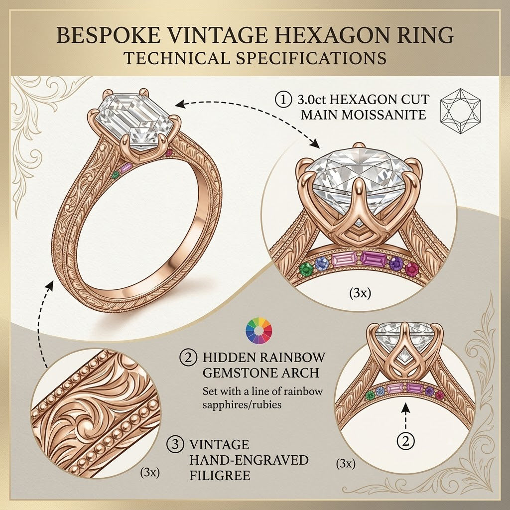 3.0ct Vintage Engraved Moissanite Ring with Hidden Rainbow Arch