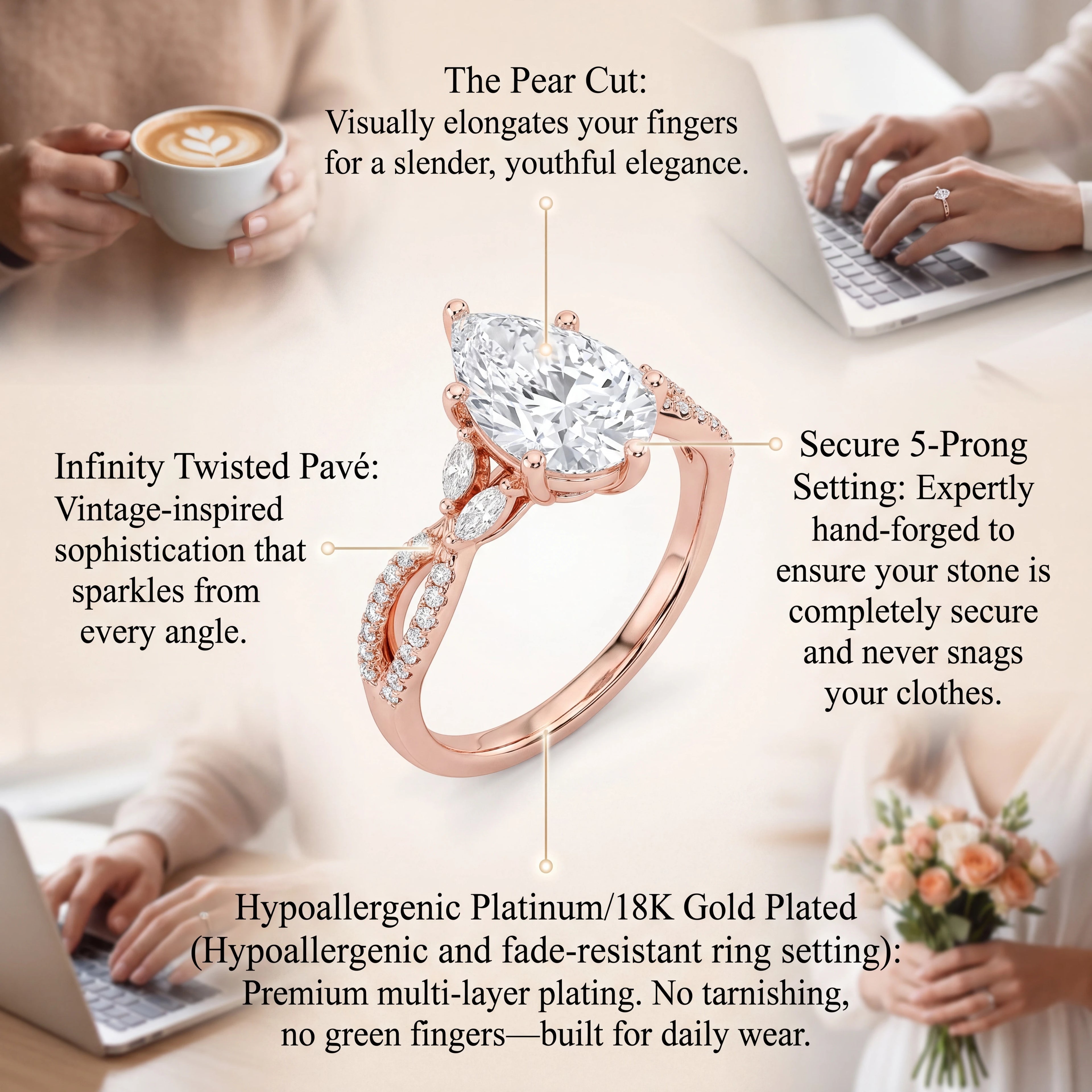 🔥90% OFF Last Day Sale |Vintage Infinity Pavé Pear Ring | Flawless Moissanite, Hypoallergenic Everyday Wear