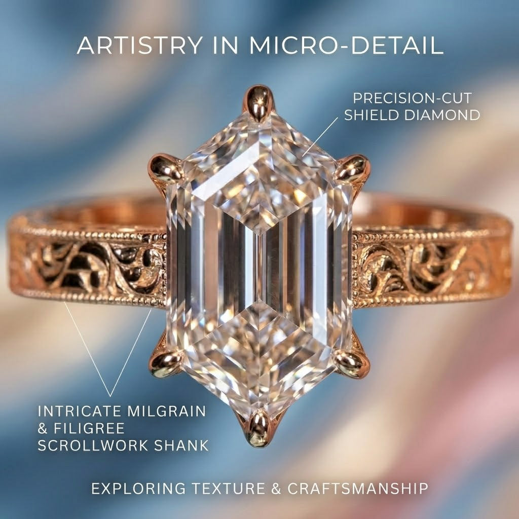 3.0ct Vintage Engraved Moissanite Ring with Hidden Rainbow Arch