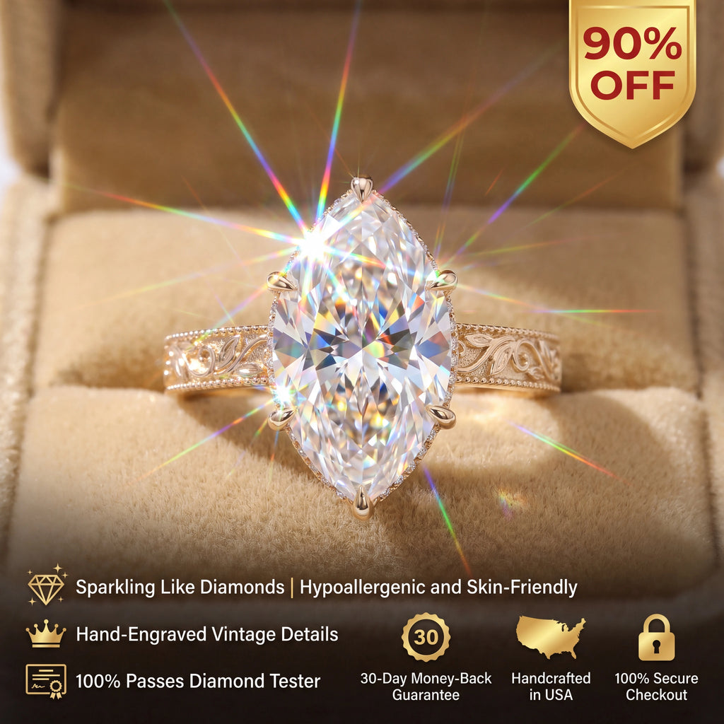 🔥90% OFF Last Day Sale |Heirloom Marquise Moissanite Ring | Hand-Engraved Vintage Band | Passes Diamond Test