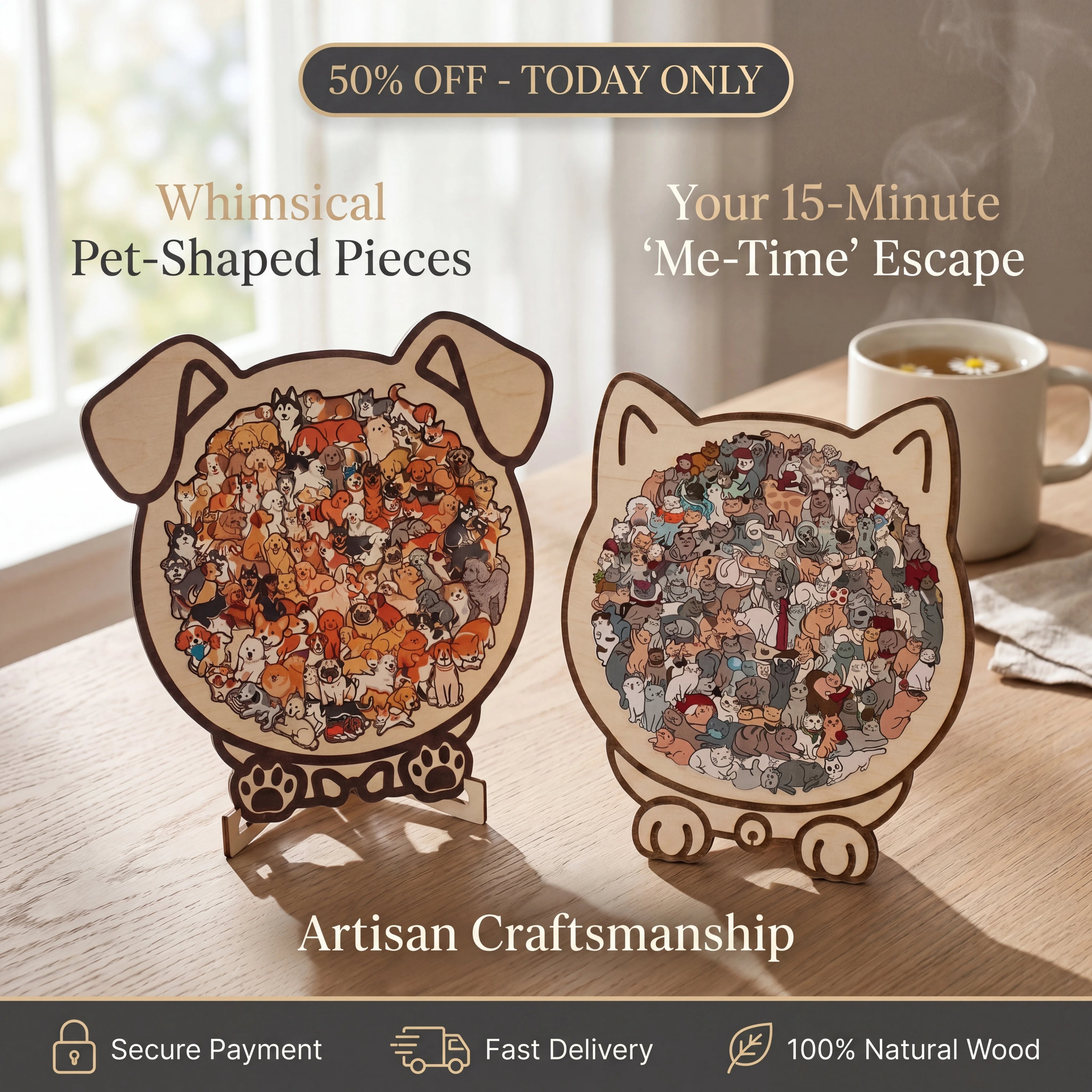 🔥50% OFF Last Day Sale | A Thousand Cats & Dogs Wooden Puzzle | The 15-Minute Mindful Escape | Artisan Crafted