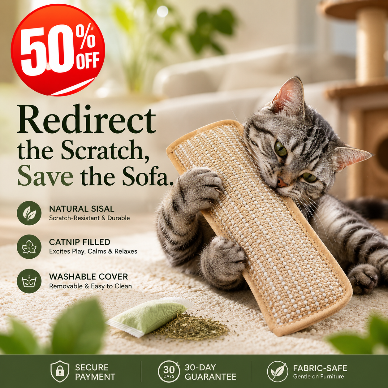 🔥50% OFF Last Day Sale Natural Sisal Catnip Pillow Toy – Washable Scratch & Bite Toy with Removable Catnip Pouch to Help Save Your Sofa