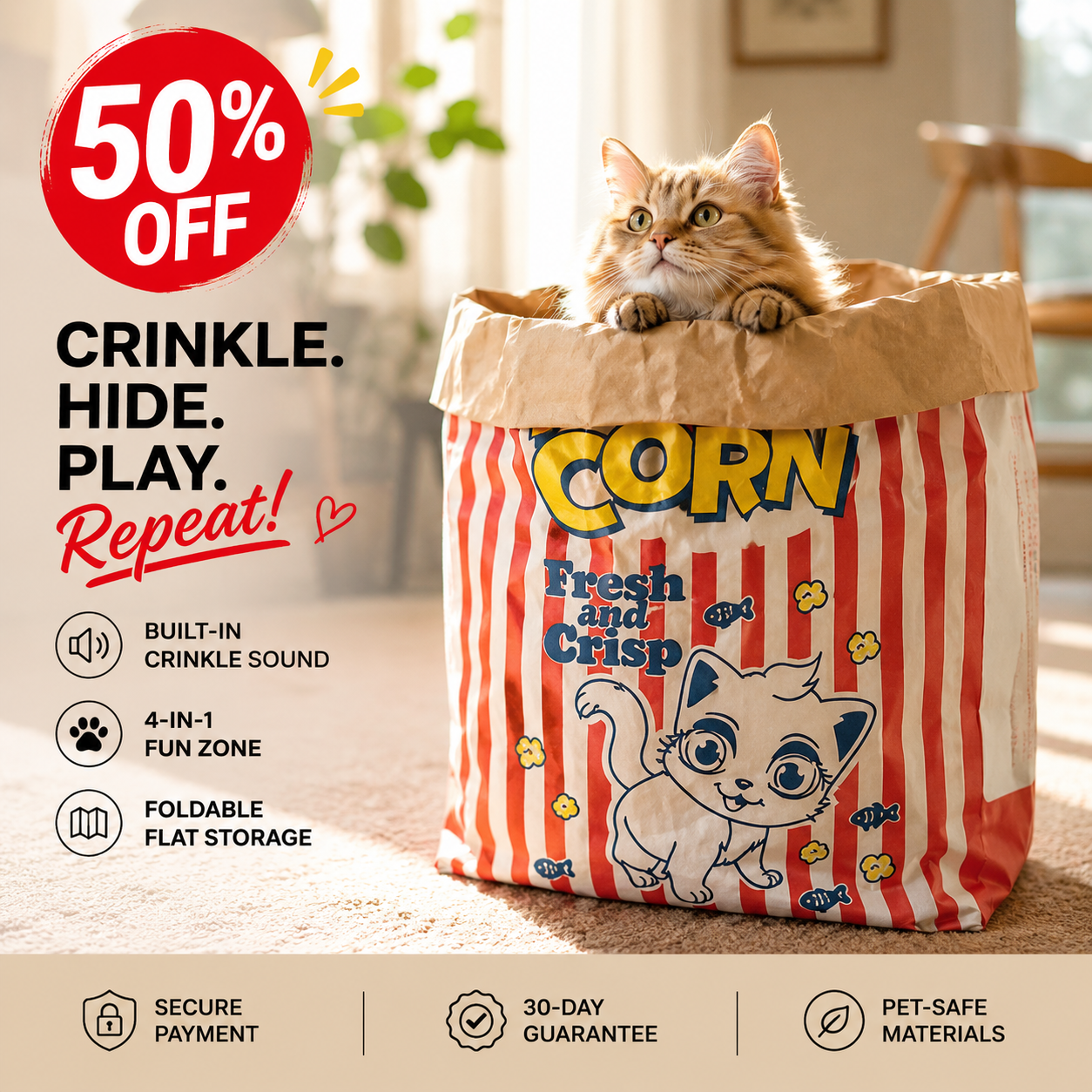 🔥50% OFF Last Day Sale Popcorn Cat Crinkle Hideaway Bag – 4-in-1 Giant Cat Toy with Built-In Crinkle Sound, Scratch & Foldable Play Nest