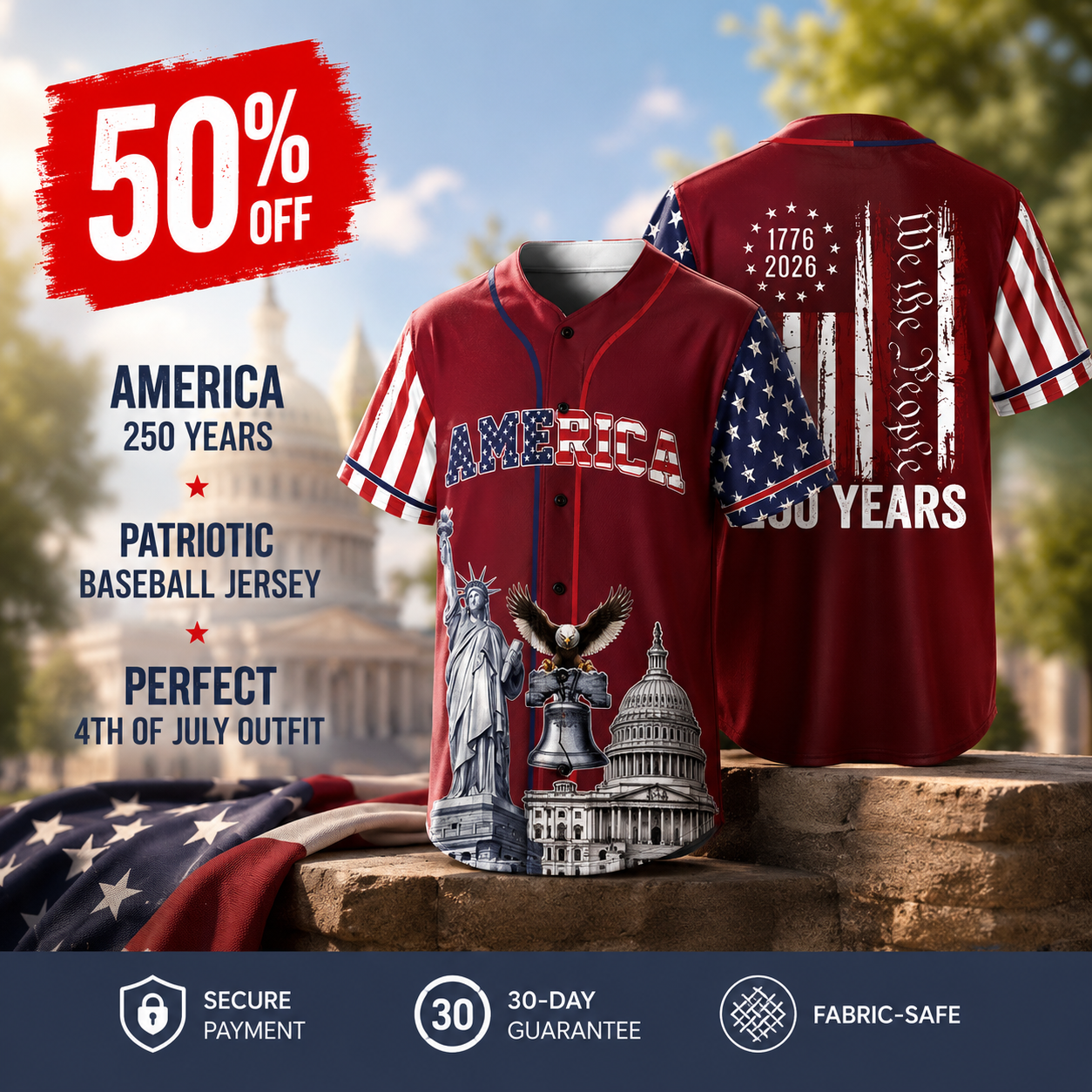 🔥50% OFF Last Day Sale Celebrate America 250 Years – Breathable Lightweight Patriotic Baseball Jersey for 4th of July | 1776–2026 Limited Edition