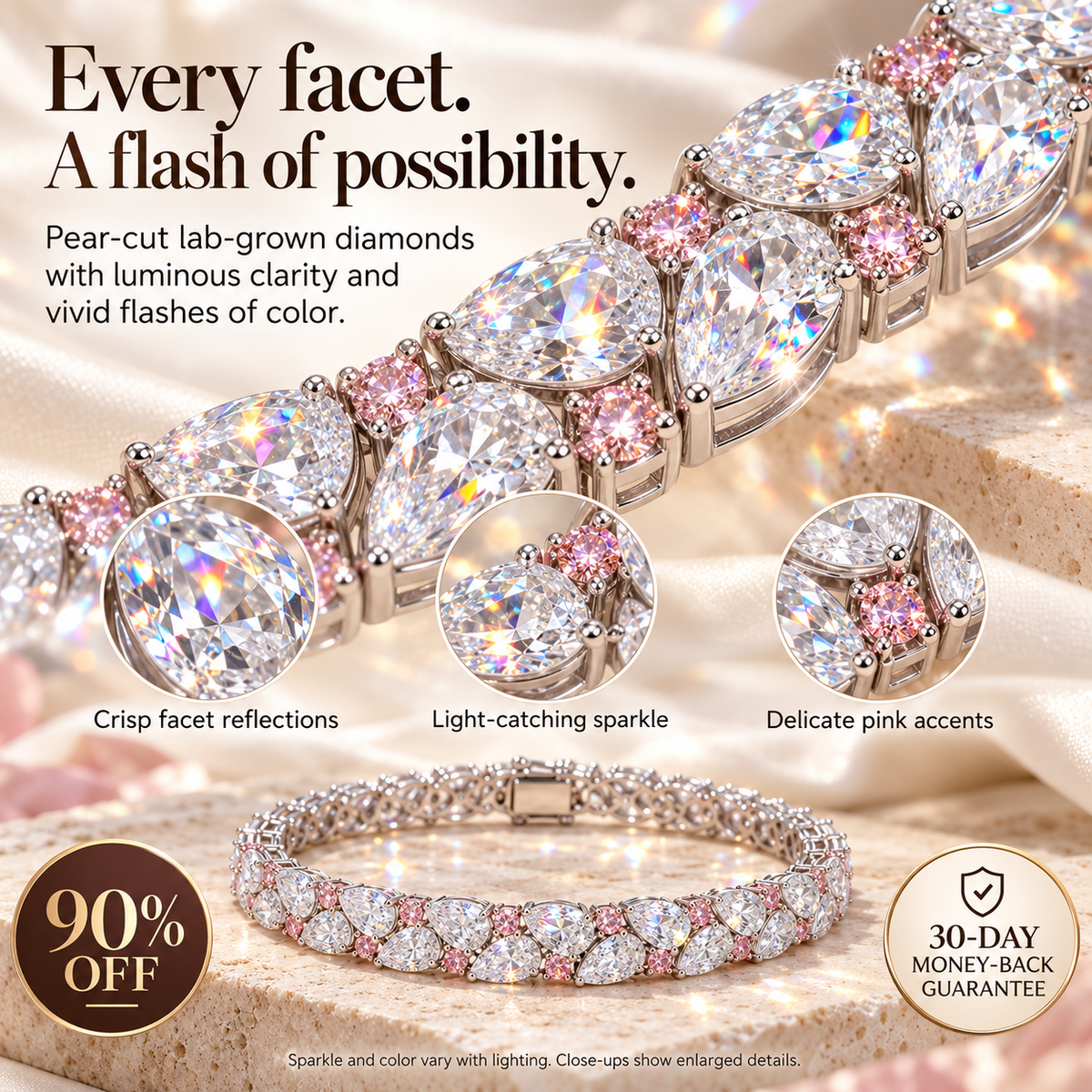 ✨ LAST DAY SALE 90% OFF ✨ Pear-Cut Lab-Grown Diamond Bracelet | 9.75–13 CTW, Delicate Pink Accents & Timeless Elegance