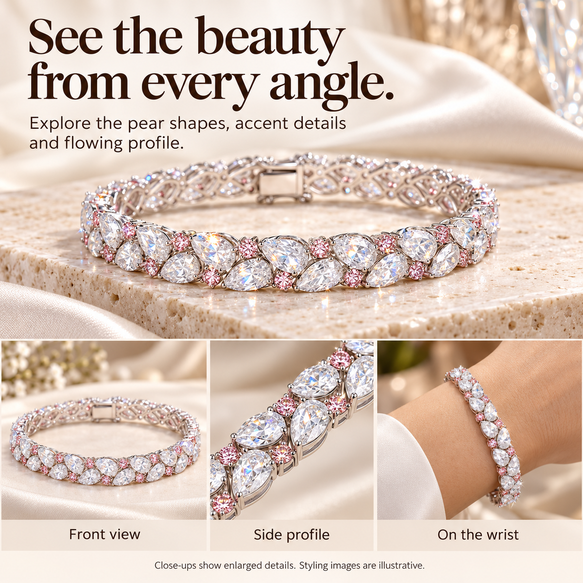 ✨ LAST DAY SALE 90% OFF ✨ Pear-Cut Lab-Grown Diamond Bracelet | 9.75–13 CTW, Delicate Pink Accents & Timeless Elegance