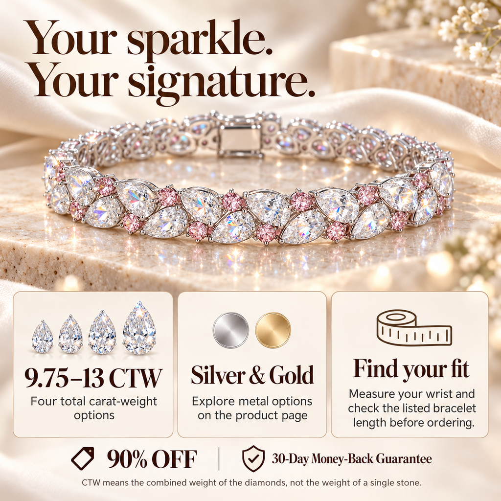 ✨ LAST DAY SALE 90% OFF ✨ Pear-Cut Lab-Grown Diamond Bracelet | 9.75–13 CTW, Delicate Pink Accents & Timeless Elegance