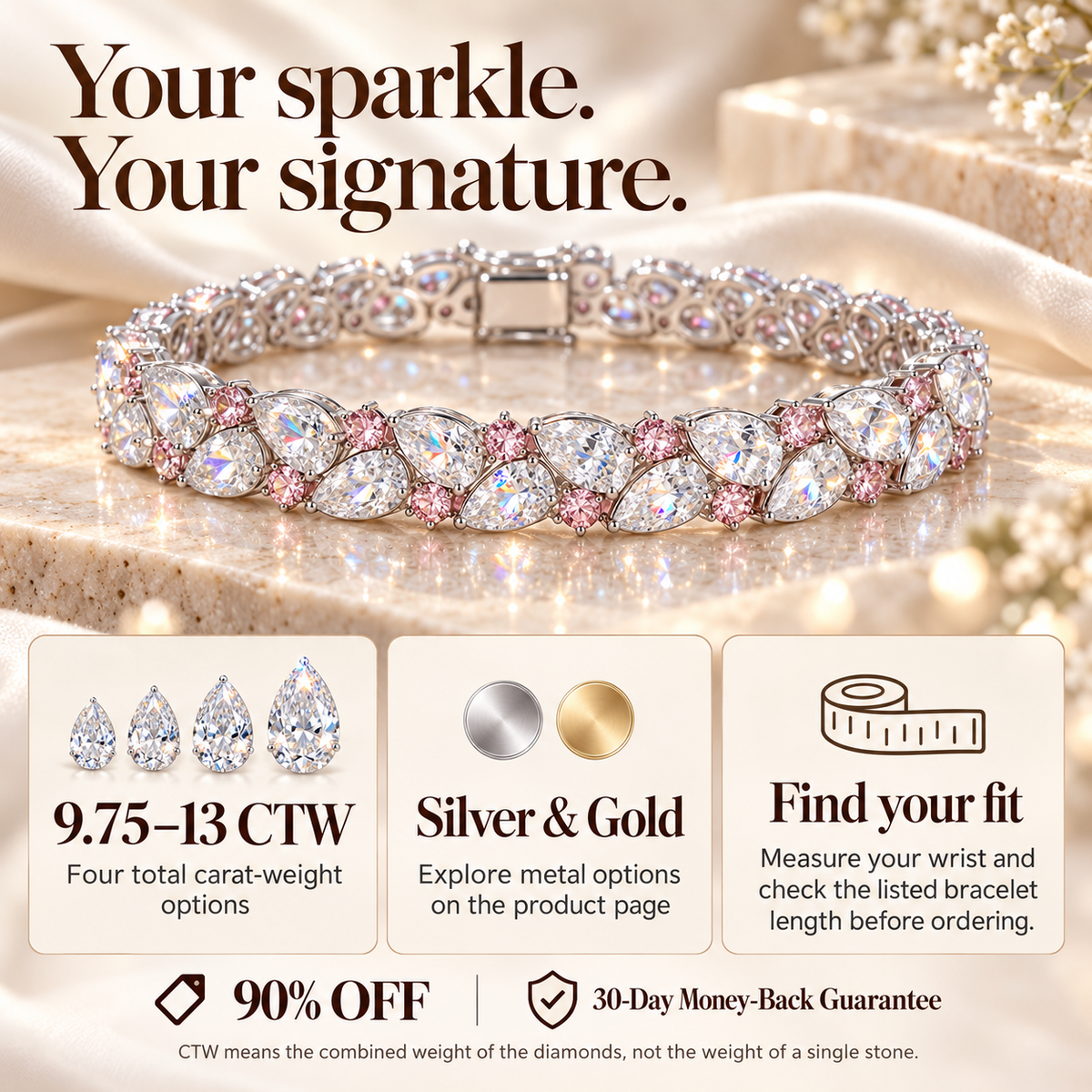 ✨ LAST DAY SALE 90% OFF ✨ Pear-Cut Lab-Grown Diamond Bracelet | 9.75–13 CTW, Delicate Pink Accents & Timeless Elegance