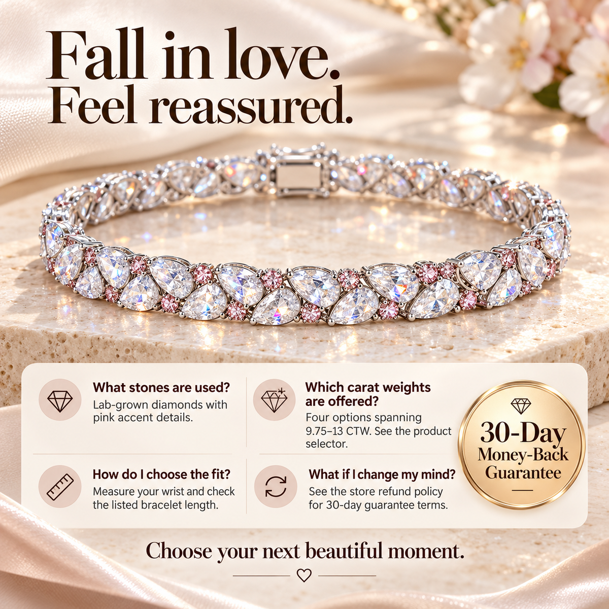 ✨ LAST DAY SALE 90% OFF ✨ Pear-Cut Lab-Grown Diamond Bracelet | 9.75–13 CTW, Delicate Pink Accents & Timeless Elegance