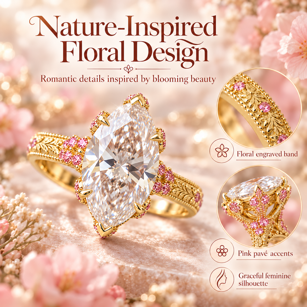 The Eternal Rose Marquise Diamond Ring – Vintage Floral Gold Ring With Pink Gemstone Accents Last Day Sale-90% OFF🔥