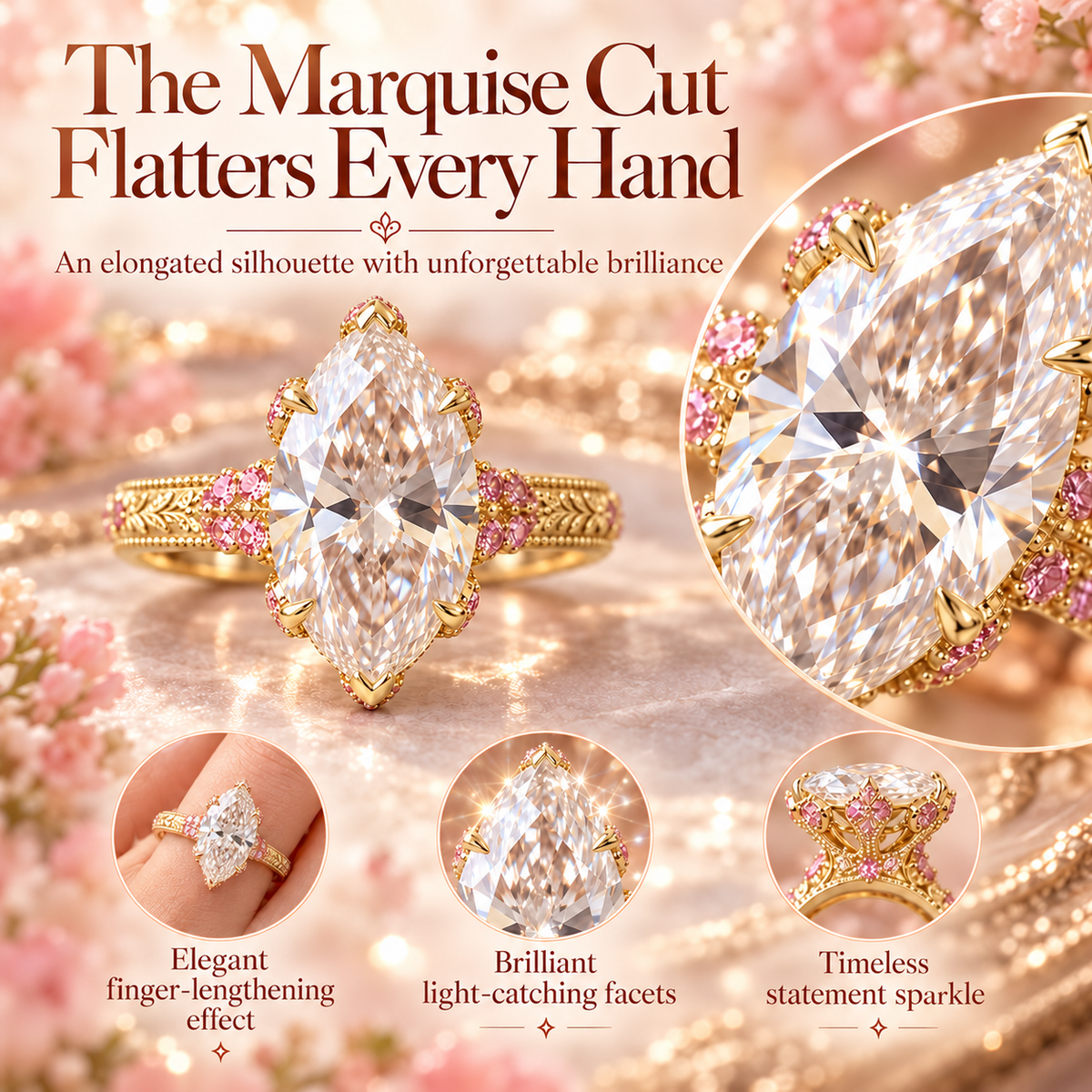 The Eternal Rose Marquise Diamond Ring – Vintage Floral Gold Ring With Pink Gemstone Accents Last Day Sale-90% OFF🔥