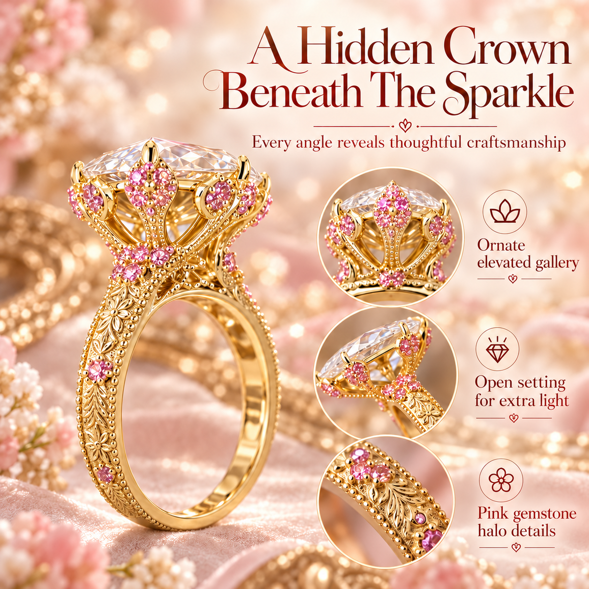 The Eternal Rose Marquise Diamond Ring – Vintage Floral Gold Ring With Pink Gemstone Accents Last Day Sale-90% OFF🔥