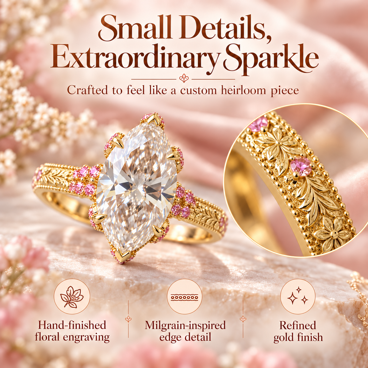 The Eternal Rose Marquise Diamond Ring – Vintage Floral Gold Ring With Pink Gemstone Accents Last Day Sale-90% OFF🔥
