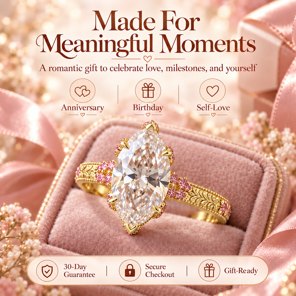 The Eternal Rose Marquise Diamond Ring – Vintage Floral Gold Ring With Pink Gemstone Accents Last Day Sale-90% OFF🔥