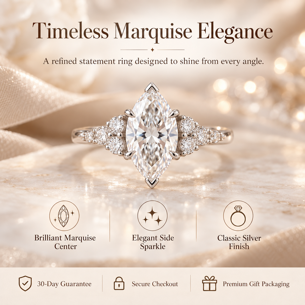 Timeless Marquise Cut Diamond Ring | Elegant Side Stone Sparkle & Classic Silver Finish Last Day Sale-90% OFF🔥