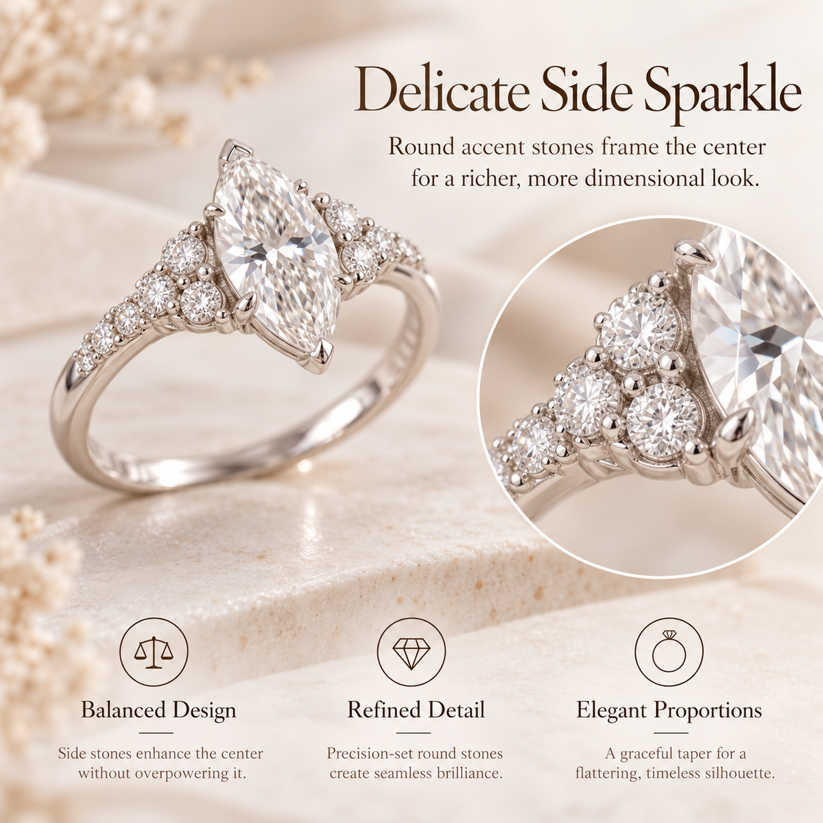 Timeless Marquise Cut Diamond Ring | Elegant Side Stone Sparkle & Classic Silver Finish Last Day Sale-90% OFF🔥