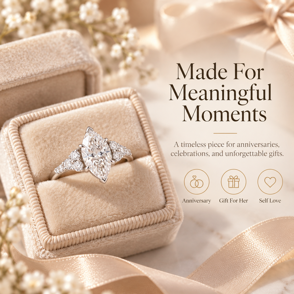 Timeless Marquise Cut Diamond Ring | Elegant Side Stone Sparkle & Classic Silver Finish Last Day Sale-90% OFF🔥