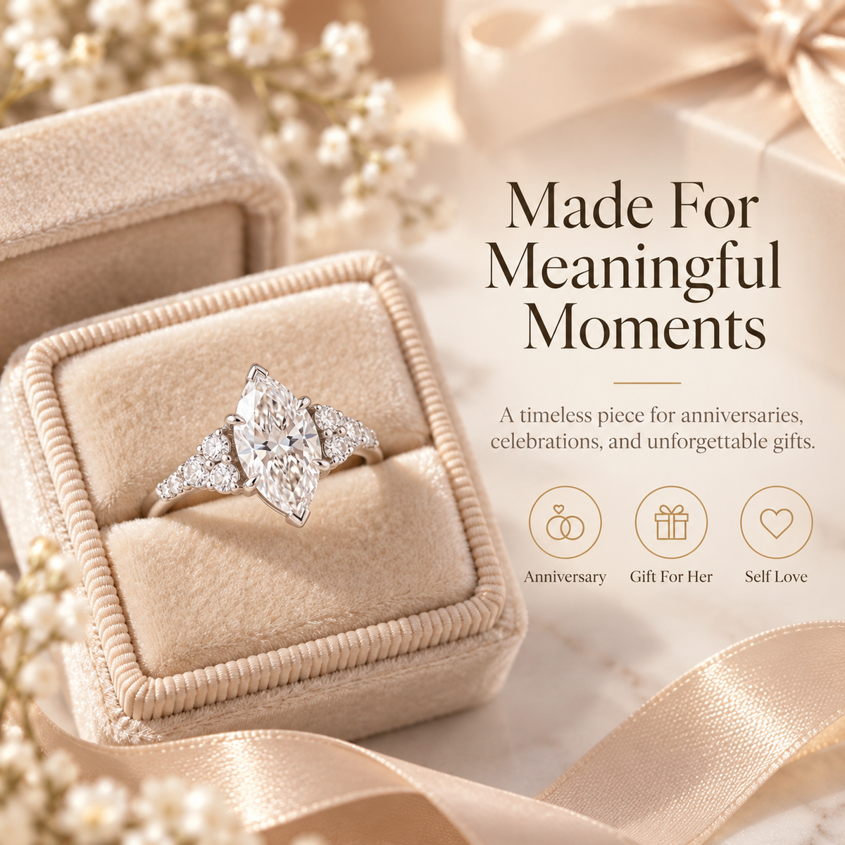 Timeless Marquise Cut Diamond Ring | Elegant Side Stone Sparkle & Classic Silver Finish Last Day Sale-90% OFF🔥