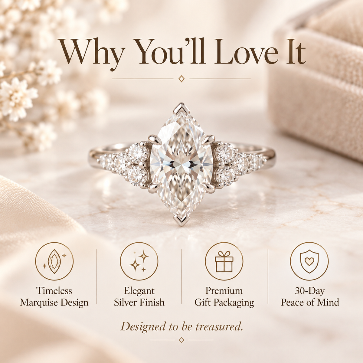 Timeless Marquise Cut Diamond Ring | Elegant Side Stone Sparkle & Classic Silver Finish Last Day Sale-90% OFF🔥