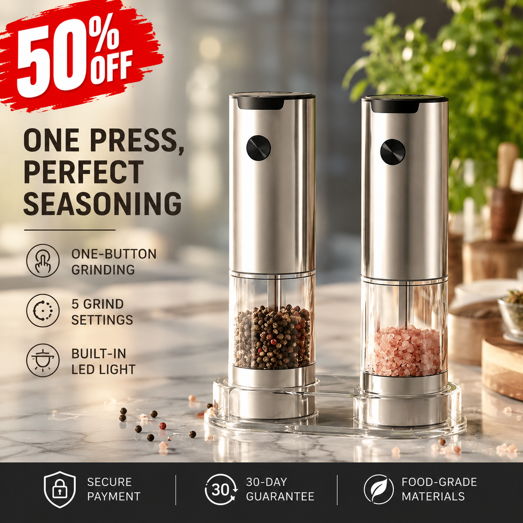 🔥50% OFF Last Day Sale – Stainless Steel Electric Salt & Pepper Grinder Set (2 Grinders + Base)