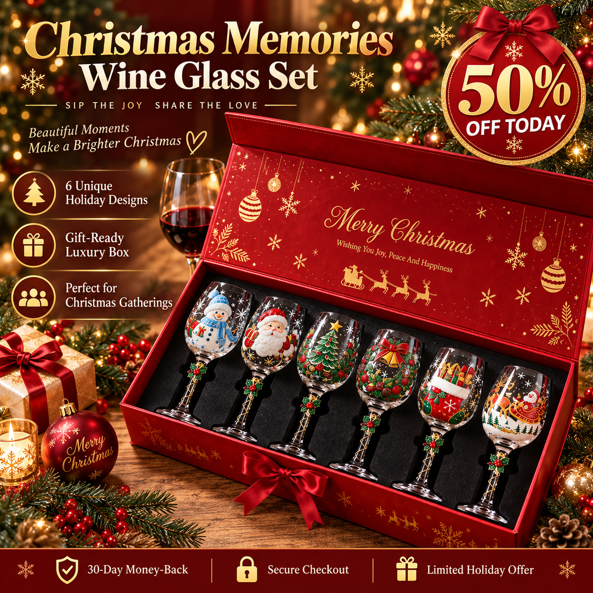 ✨Last Day 50% OFF✨Christmas Memories Collection – 6-Piece Holiday Wine Glass Set for Magical Christmas Gatherings