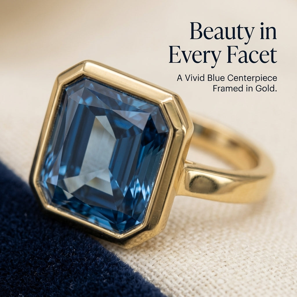 Blue Synthetic Gemstone Gold Bezel Ring – Handcrafted Statement Jewelry Last Day Sale-90% OFF🔥