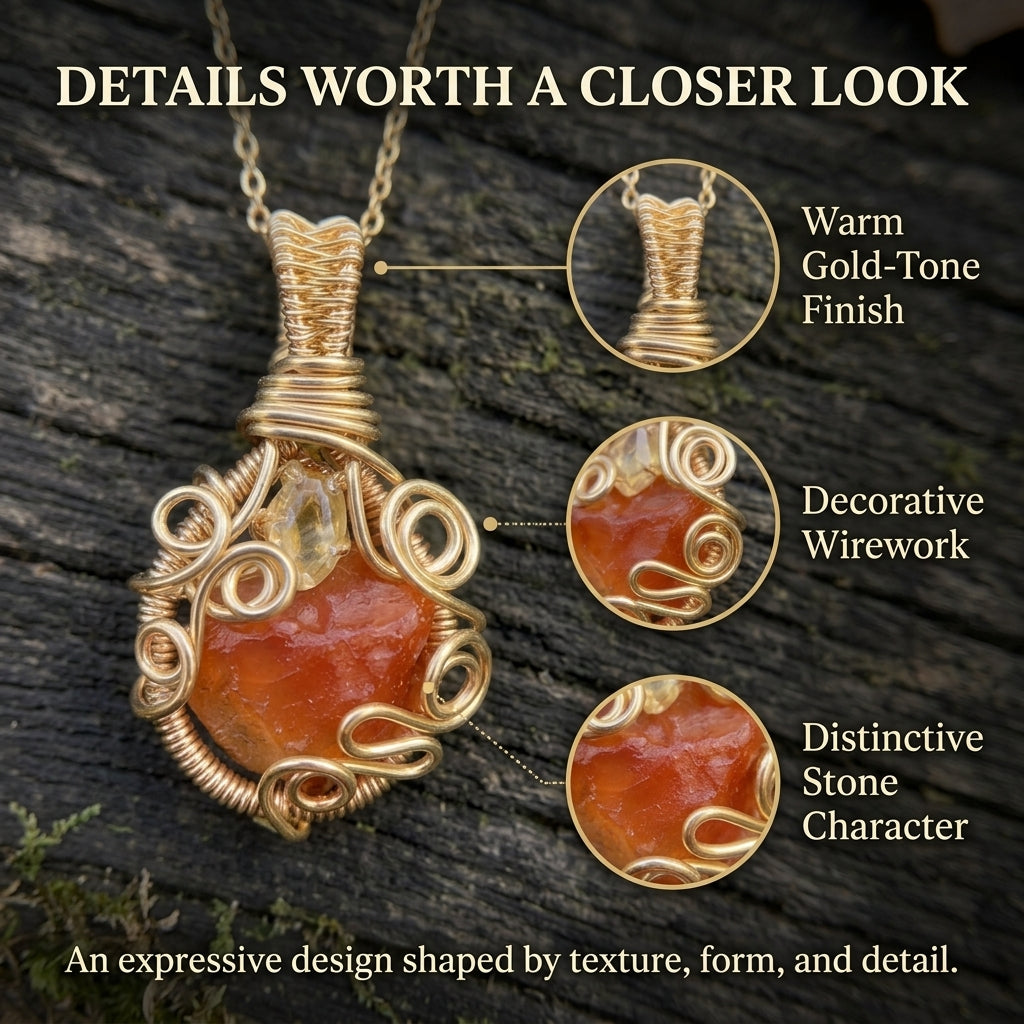 Nature-Inspired Orange Stone Pendant Necklace – Intricate Wire-Wrapped Design Last Day Sale-90% OFF🔥