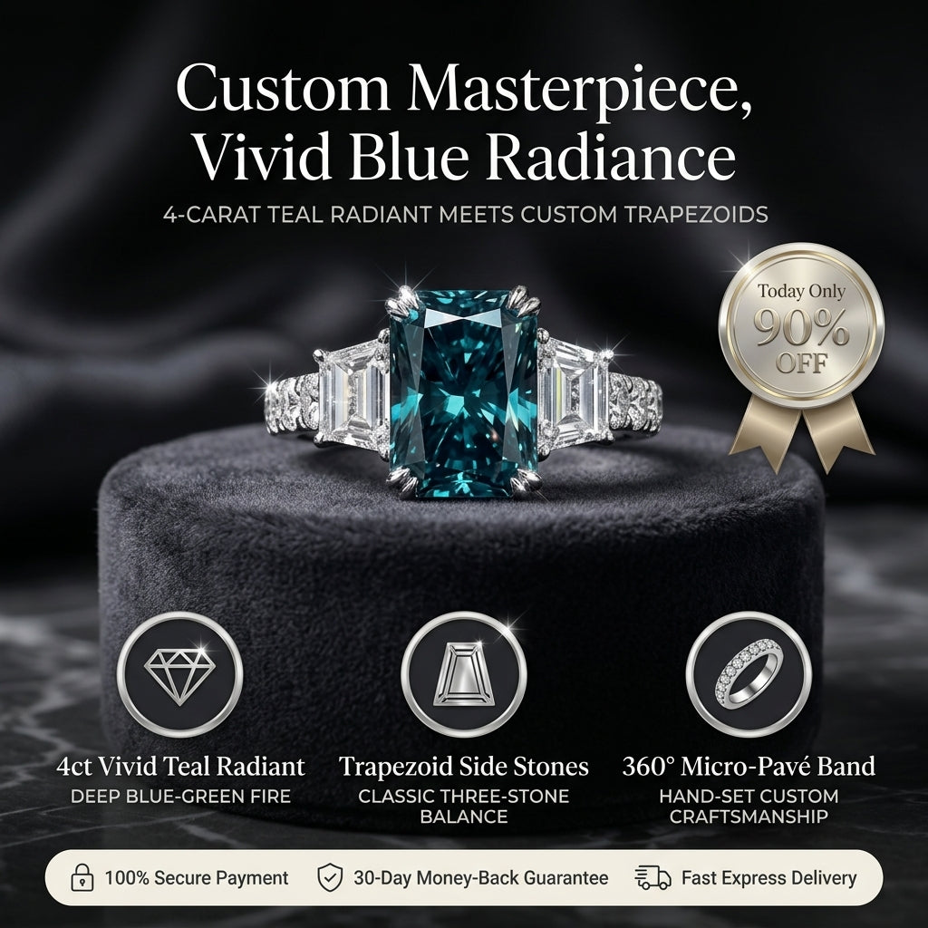 The "Ares" Custom Vivid Teal-Blue Radiant Three-Stone Ring Last Day Sale-90% OFF🔥