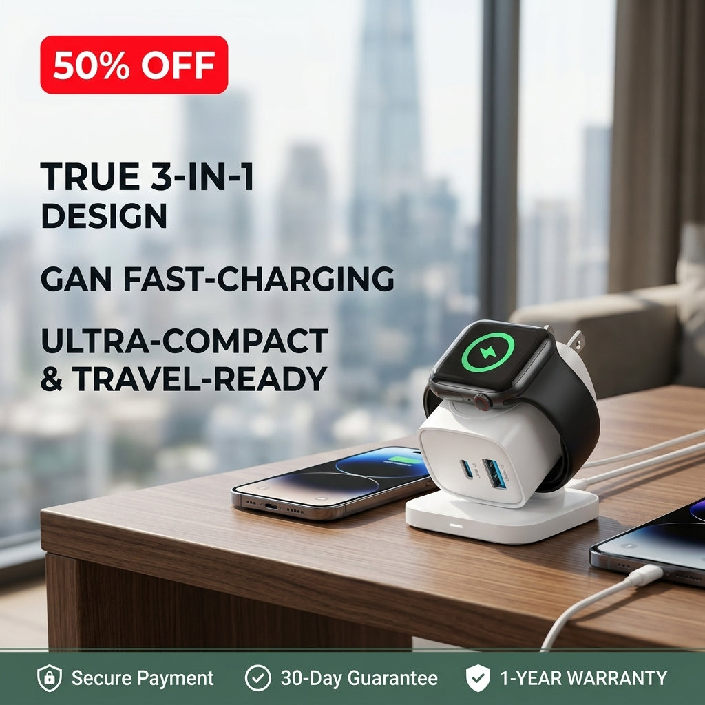 🔥50% OFF Last Day Sale 3-in-1 Ultra-Compact GaN Wall Charger | Built-in Apple Watch Pad & 22W Fast Charging