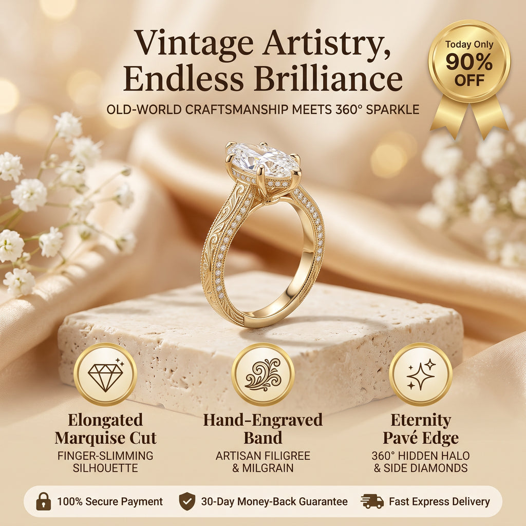 The "Seraphina" Hand-Engraved Marquise Ring with Eternity Pavé Edge Last Day Sale-90% OFF🔥