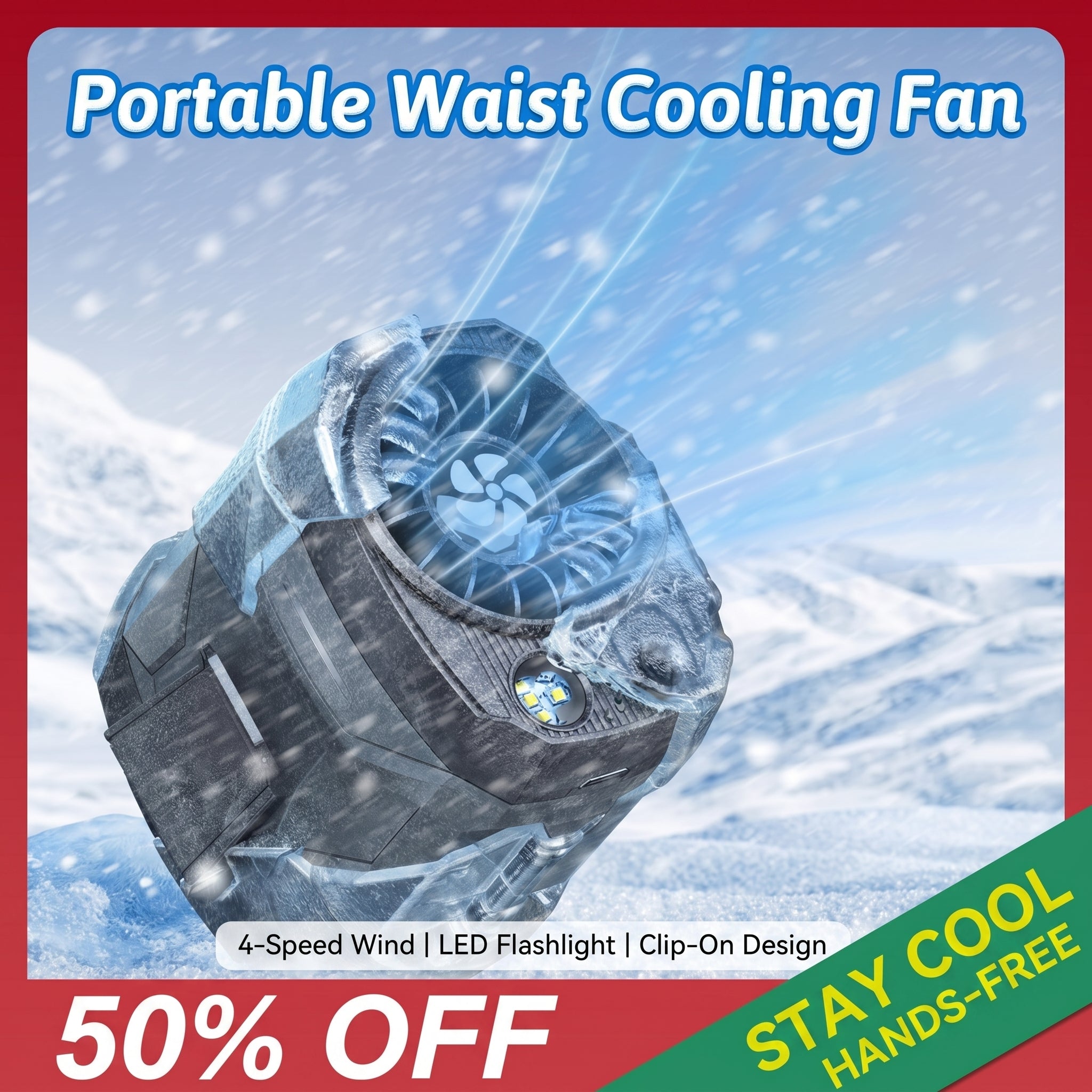 🔥50% OFF Last Day Sale Portable Waist Cooling Fan – Hands-Free Clip-On Fan with 4-Speed Wind & LED Flashlight