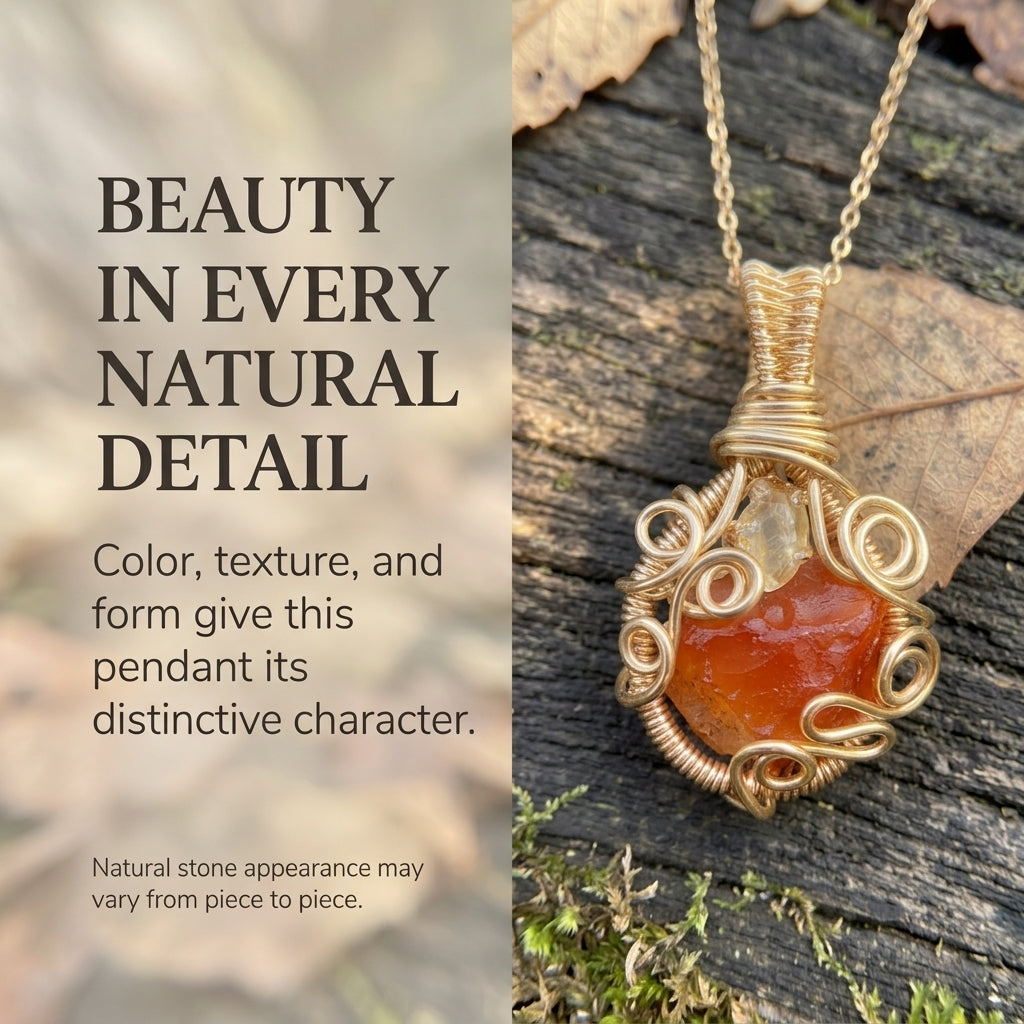 Nature-Inspired Orange Stone Pendant Necklace – Intricate Wire-Wrapped Design Last Day Sale-90% OFF🔥