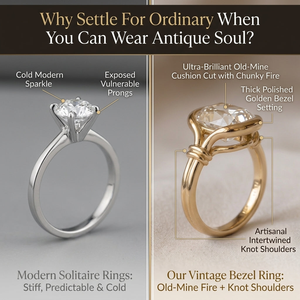 The "Eleanor" Vintage Old-Mine Cushion Bezel Ring with Knot Shoulders Last Day Sale-90% OFF🔥