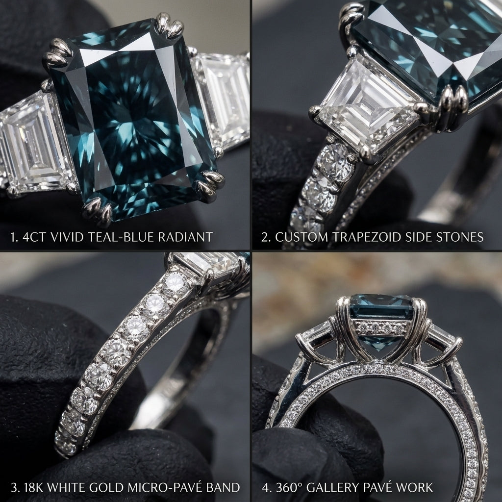 The "Ares" Custom Vivid Teal-Blue Radiant Three-Stone Ring Last Day Sale-90% OFF🔥